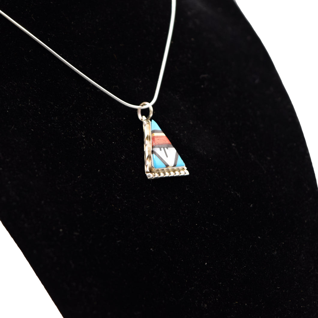 Zuni Channel Inlay Pendant – Sterling Silver with Turquoise, Coral, Mother of Pearl & Onyx