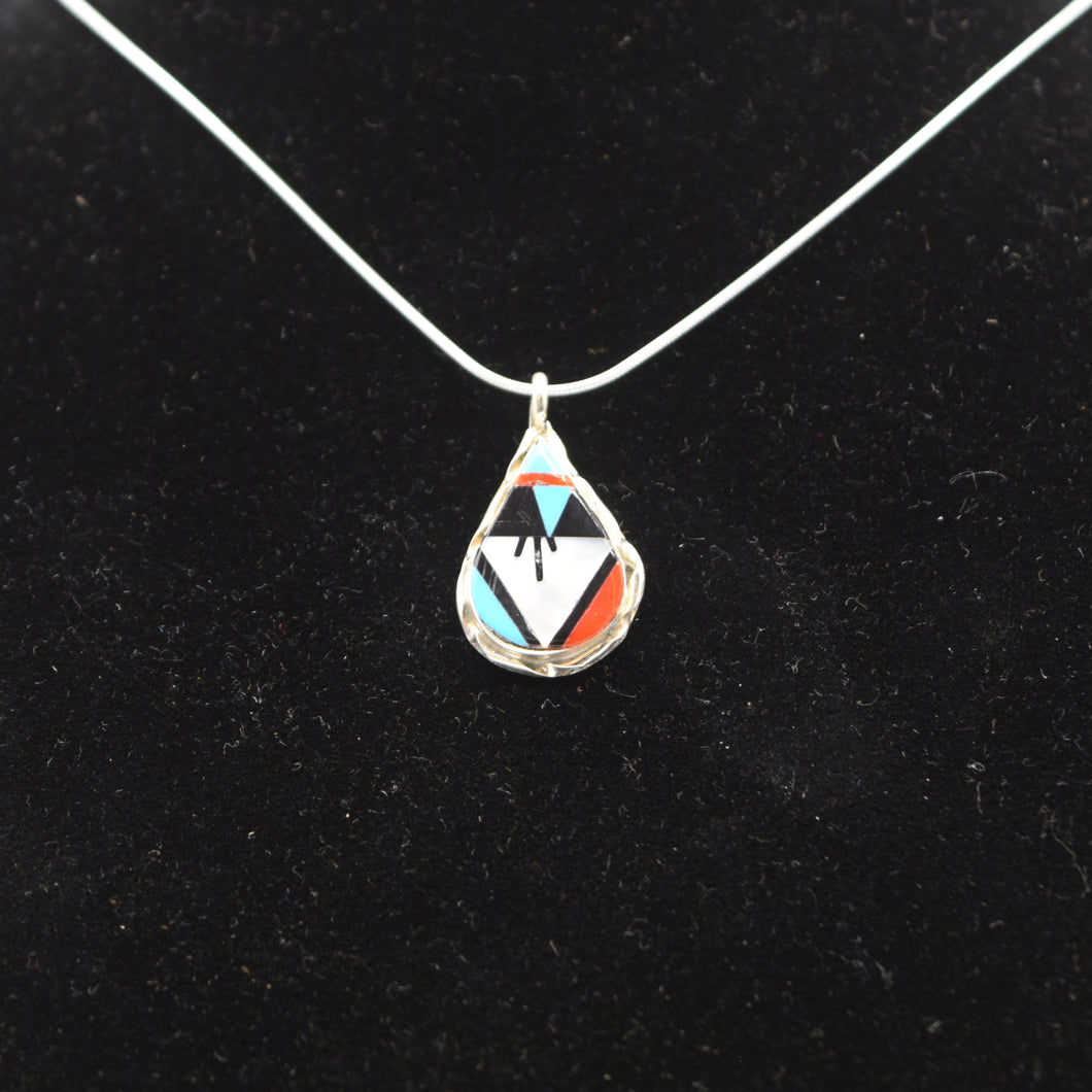 Zuni Channel Inlay Pendant – Sterling Silver with Turquoise, Coral, Mother of Pearl & Onyx