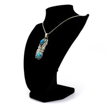 Load image into Gallery viewer, Zuni Turquoise Feather Pendant – Sterling Silver with Rope, Hammer &amp; Stamp Work
