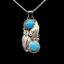 Load image into Gallery viewer, Zuni Turquoise Feather Pendant – Sterling Silver with Rope, Hammer &amp; Stamp Work
