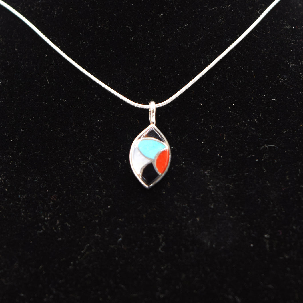 Zuni Channel Inlay Pendant – Sterling Silver with Turquoise, Coral, Mother of Pearl & Onyx