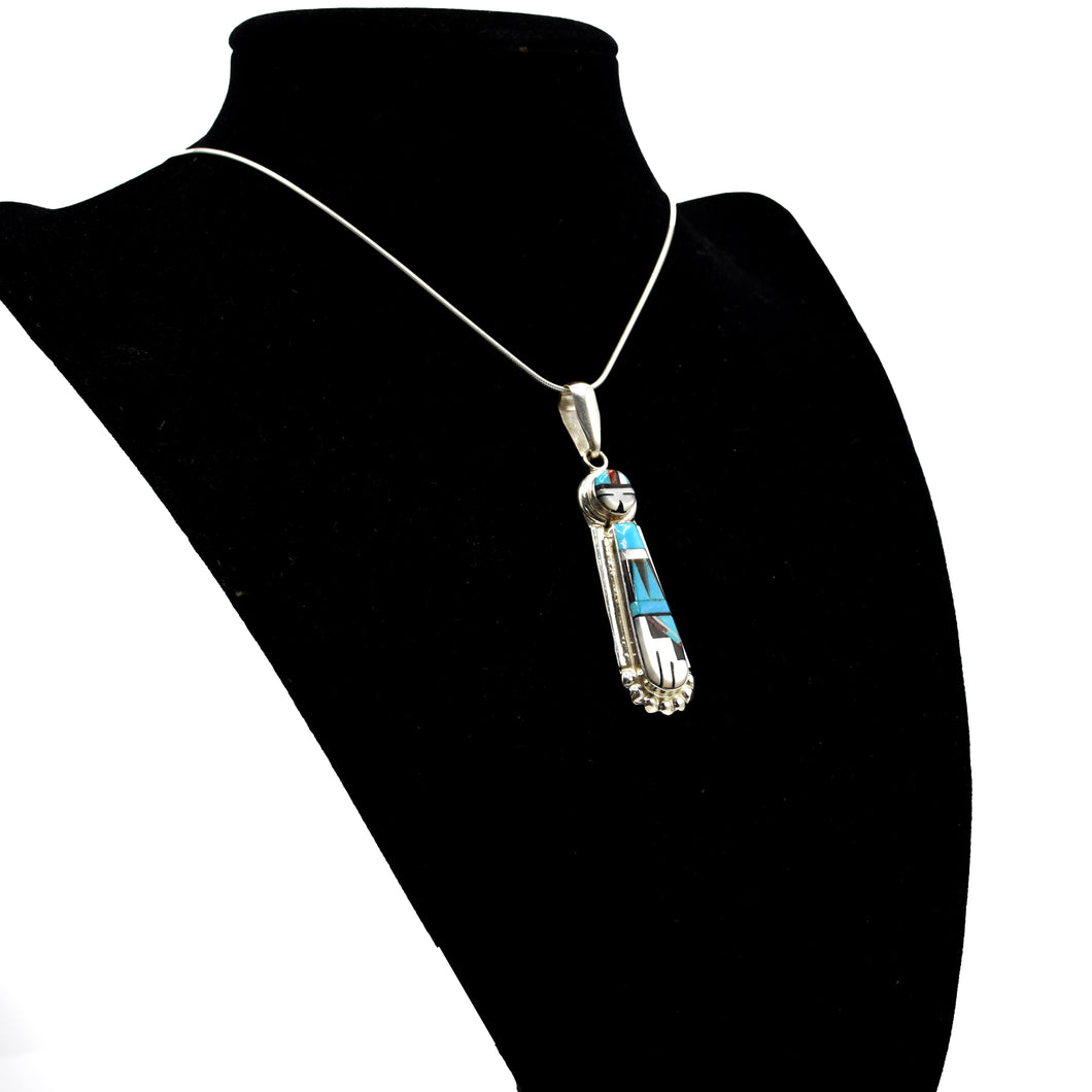 Zuni Sunface Pendant – Sterling Silver with Channel Inlay in Turquoise, Coral & Mother of Pearl