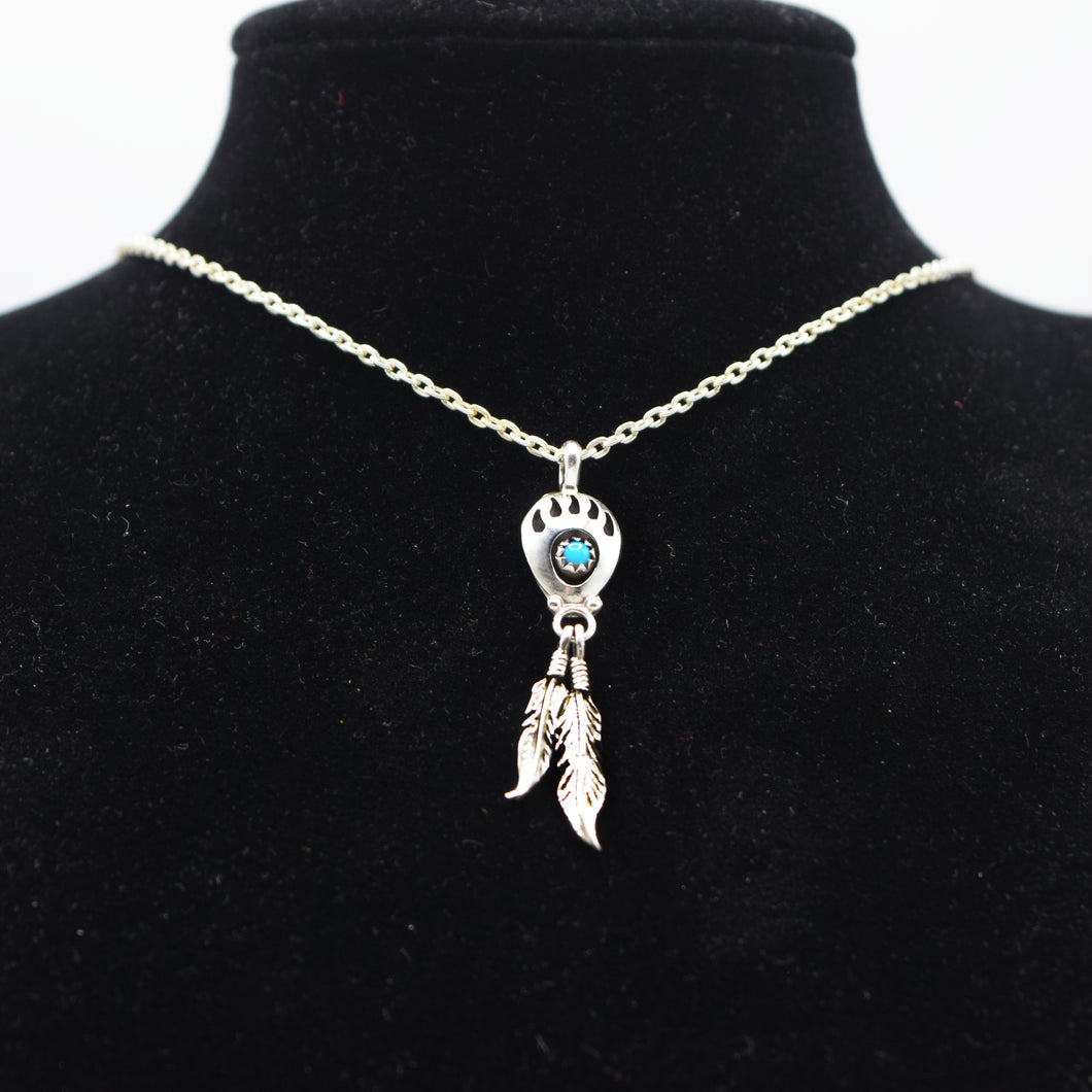 Navajo Feathers and Bear Paw Turquoise Pendant in 925 Silver