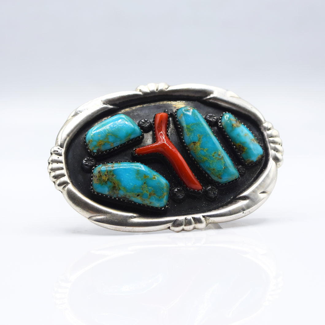 Navajo, Turquoise, Coral and Silver Belt Buckle