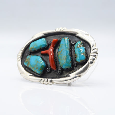 Navajo, Turquoise, Coral and Silver Belt Buckle