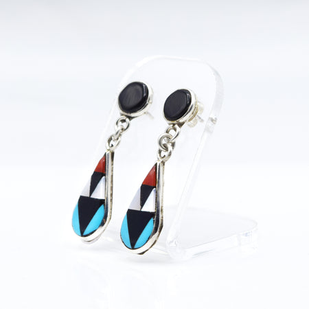 Zuni, 925 Silver Channeled Inlay Turquoise Coral, Onyx and Mother of Pearl Earrings