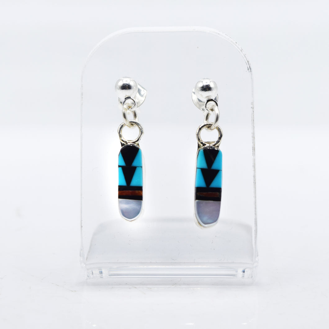Zuni Turquoise, Coral, Onix and Mother of Pearl Earrings in 925 Silver