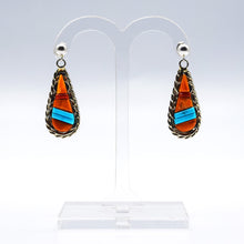 Load image into Gallery viewer, Zuni, 925 Silver Channeled Inlay Turquoise, Spiny Oyster,Coral Earrings
