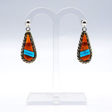 Zuni, 925 Silver Channeled Inlay Turquoise, Spiny Oyster,Coral Earrings
