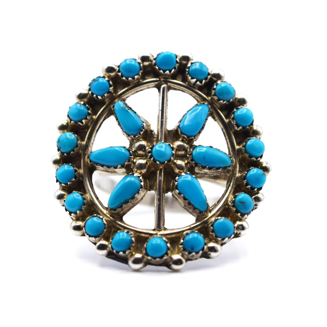 Navajo, 925 Silver Overlay and Turquoise Cluster Flower Ring