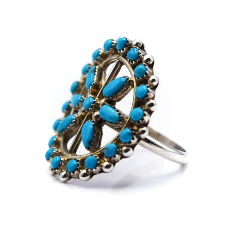 Navajo, 925 Silver Overlay and Turquoise Cluster Flower Ring