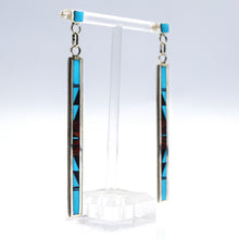 Load image into Gallery viewer, Zuni, 925 Silver Channeled Inlay Turquoise, Coral and Onyx Earrings
