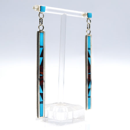 Zuni, 925 Silver Channeled Inlay Turquoise, Coral and Onyx Earrings
