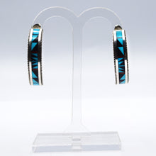 Load image into Gallery viewer, Zuni, 925 Silver Channeled Inlay Turquoise,Coral and Onyx Hoop Earrings
