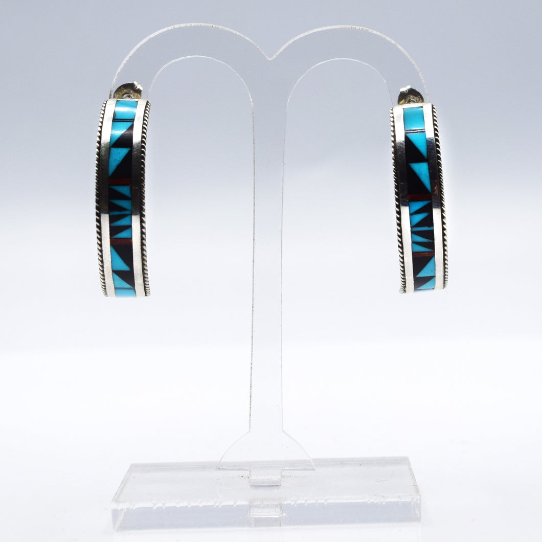 Zuni, 925 Silver Channeled Inlay Turquoise,Coral and Onyx Hoop Earrings
