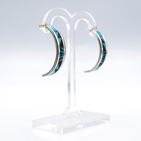 Zuni, 925 Silver Channeled Inlay Turquoise,Coral and Onyx Hoop Earrings