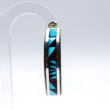 Load image into Gallery viewer, Zuni, 925 Silver Channeled Inlay Turquoise,Coral and Onyx Hoop Earrings
