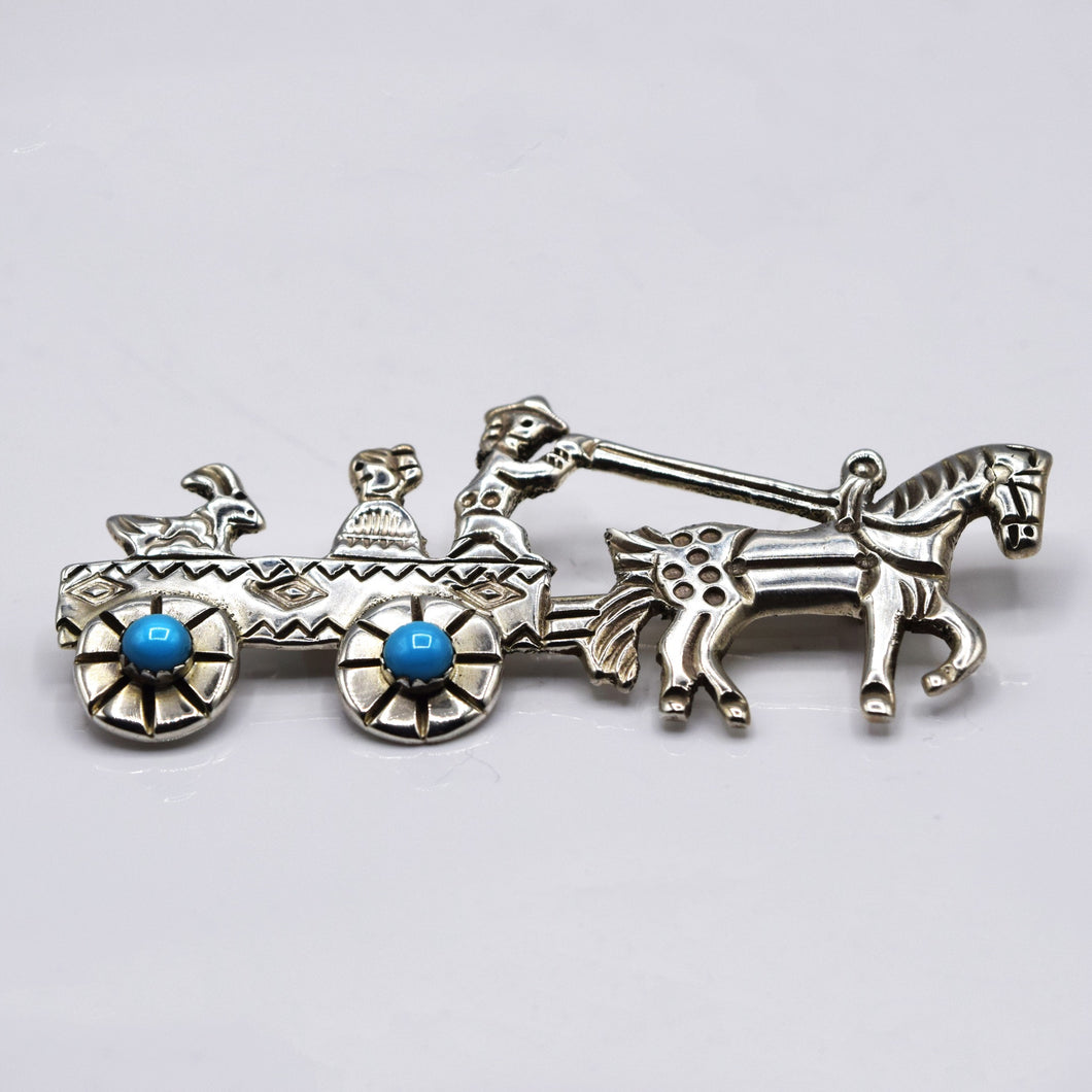 Navajo, 925 Silver Turquoise Wagon and Horse Brooch