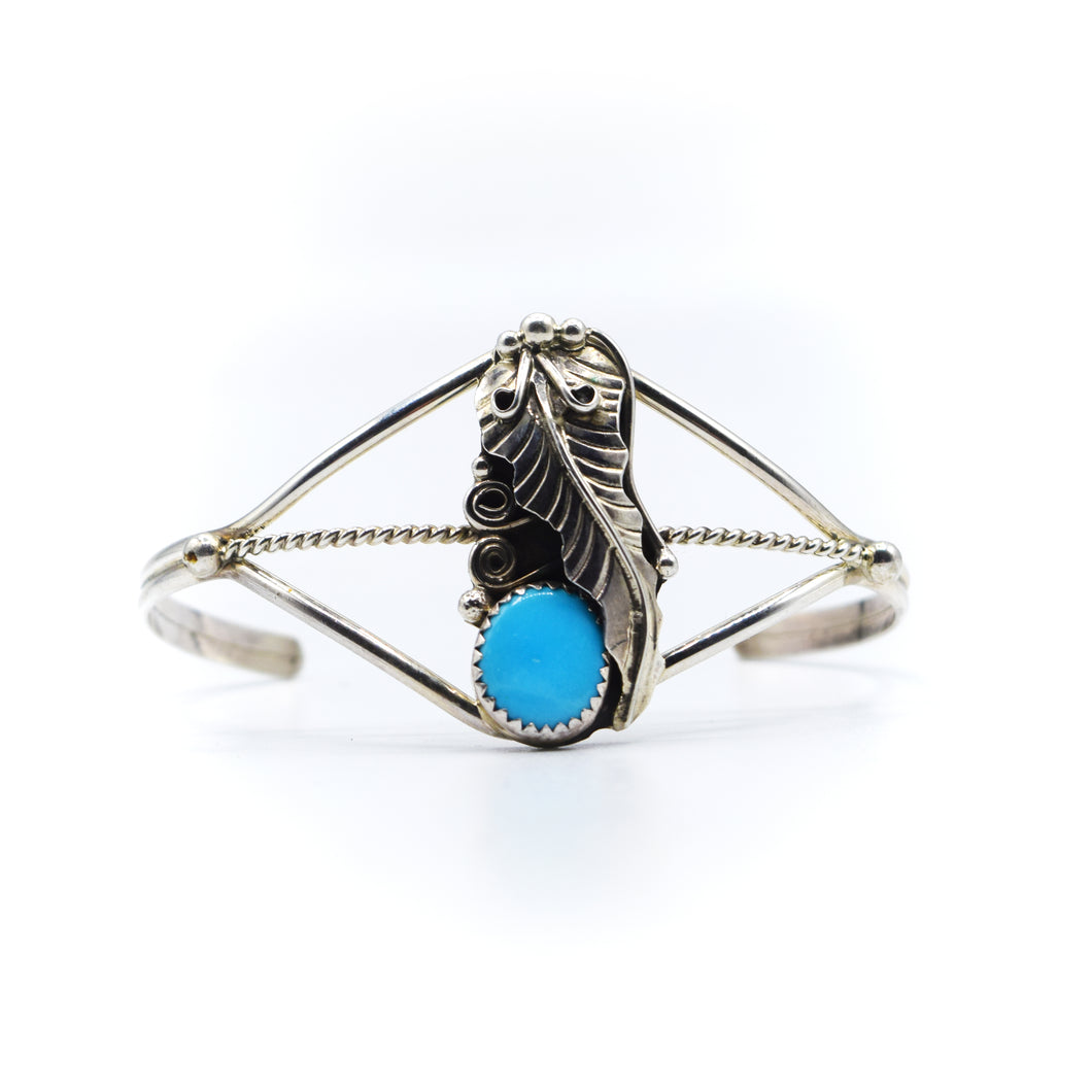Navajo Turquoise Overlay 925 Silver bracelet with leaf pattern