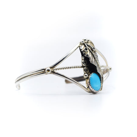 Navajo Turquoise Overlay 925 Silver bracelet with leaf pattern