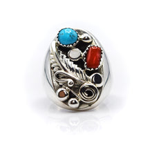 Load image into Gallery viewer, Navajo, 925 Silver Turquoise and Coral multi stone Ring
