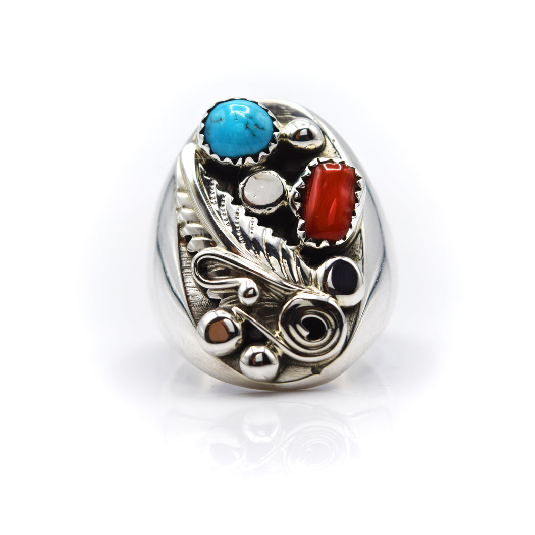 Navajo, 925 Silver Turquoise and Coral multi stone Ring