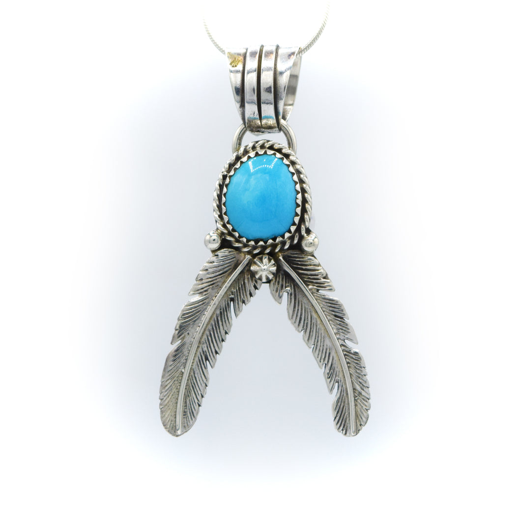 Navajo, 925 Silver Turquoise 2 Feathers Pendant