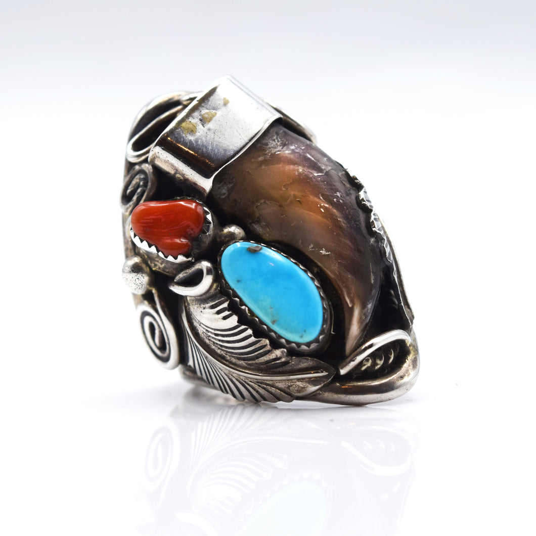 Navajo 925 Silver Bear Claw Bracelet with Turquoise and Coral