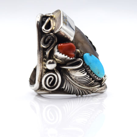 Navajo 925 Silver Bear Claw Bracelet with Turquoise and Coral