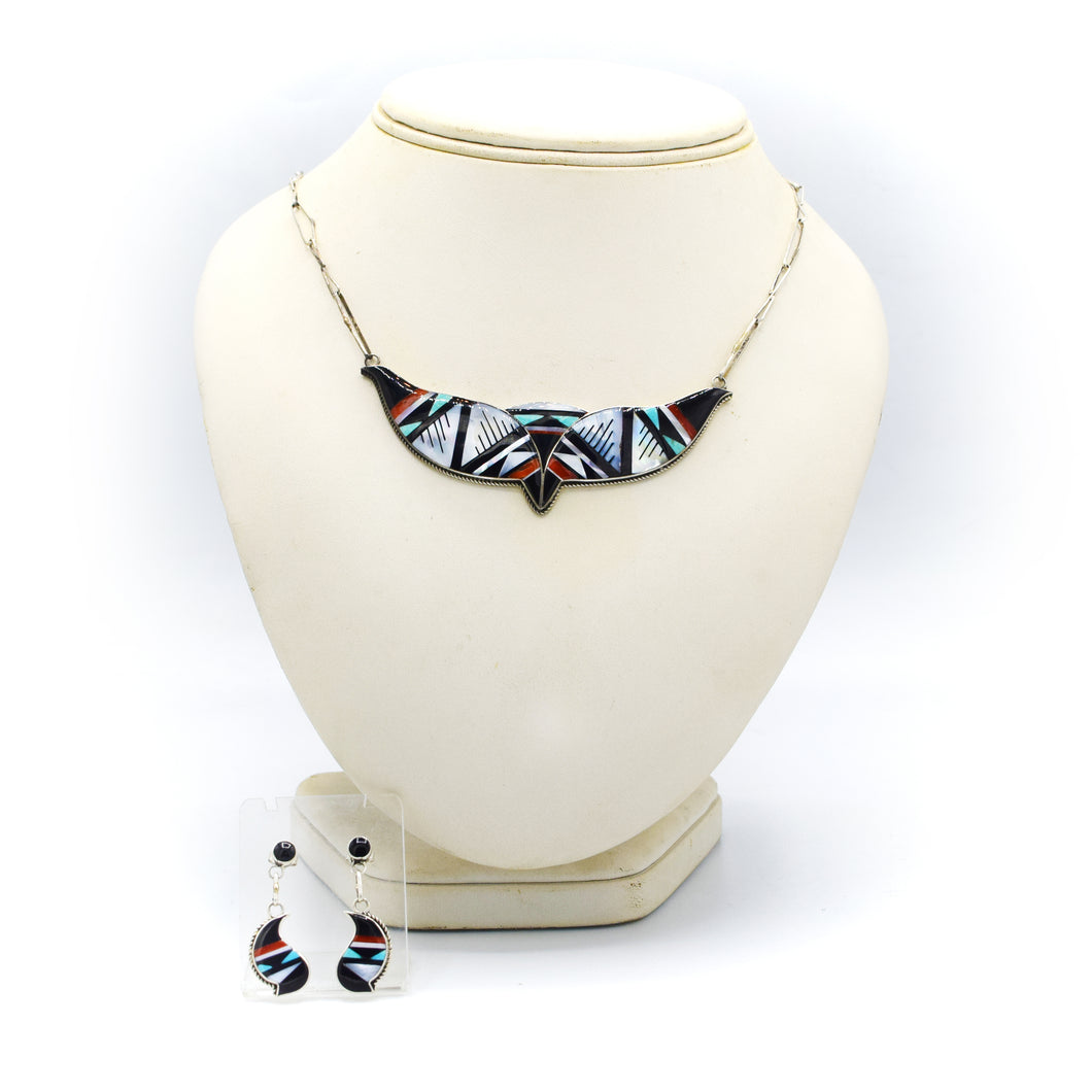 Zuni 925 Silver Mosaic Inlay Necklace and Earrings Set