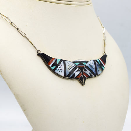 Zuni 925 Silver Mosaic Inlay Necklace and Earrings Set