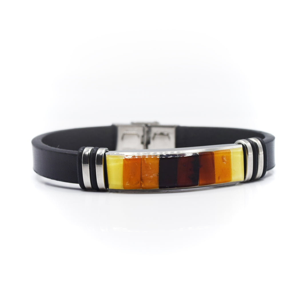 Stainless Steel and Leather Amber Bracelet