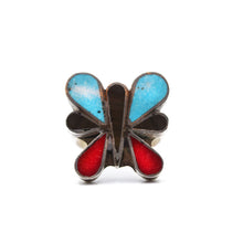 Load image into Gallery viewer, Navajo Butterfly Vintage Ring with Onyx, Turquoise and Coral in 925 Silver
