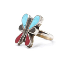 Load image into Gallery viewer, Navajo Butterfly Vintage Ring with Onyx, Turquoise and Coral in 925 Silver
