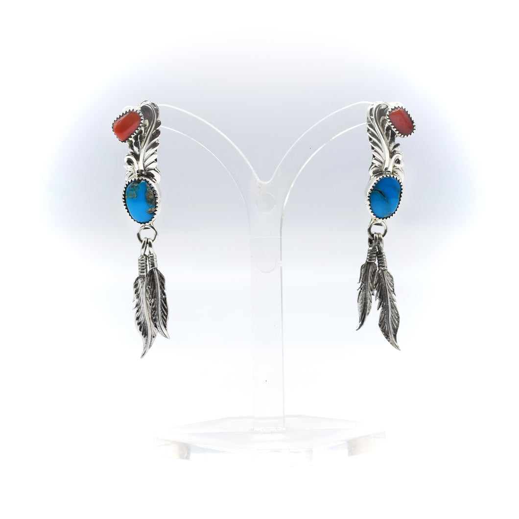 Navajo Turquoise and coral Earrings in sterling silver