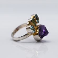 Load image into Gallery viewer, Amethyst, Peridot and Topaz Ring in 925 Silver

