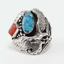 Load image into Gallery viewer, Navajo, Silver, Turquoise and Coral Eagle Ring
