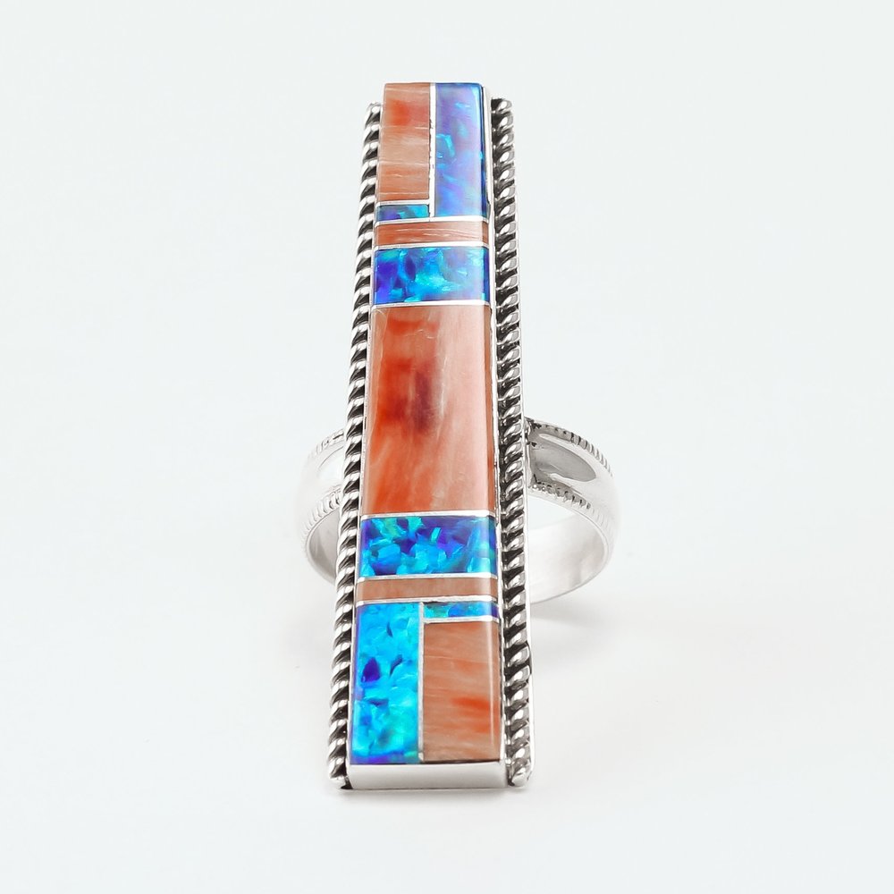 Navajo, Silver Mosaic Inlay with Spiny Oyster Shell and Blue/Green Synthesised Opal Ring