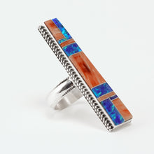 Load image into Gallery viewer, Navajo, Silver Mosaic Inlay with Spiny Oyster Shell and Blue/Green Synthesised Opal Ring
