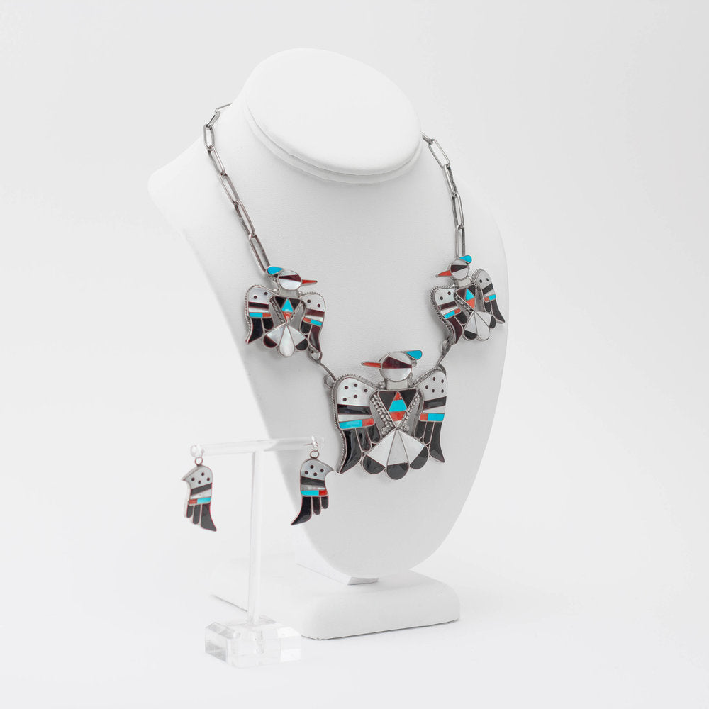 Zuni 925 Silver Channeled Inlay Thunderbird Necklace and Earring Set