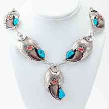 Load image into Gallery viewer, Silver, Turquoise and Coral Bear Claw Necklace
