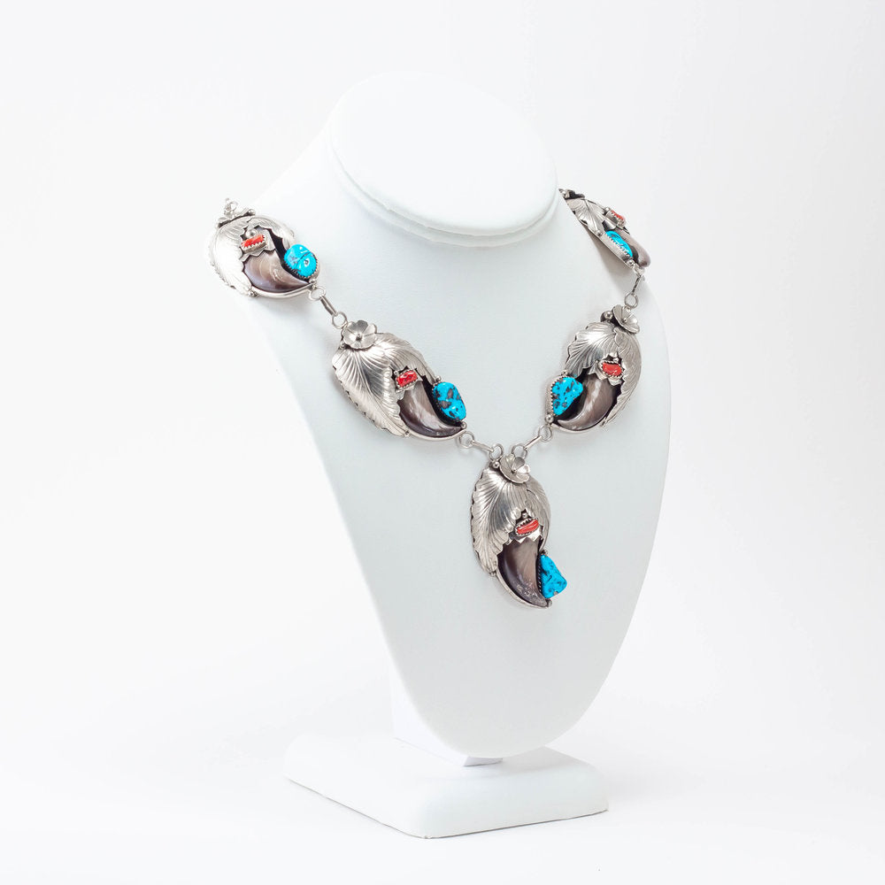 Silver, Turquoise and Coral Bear Claw Necklace