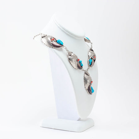 Silver, Turquoise and Coral Bear Claw Necklace