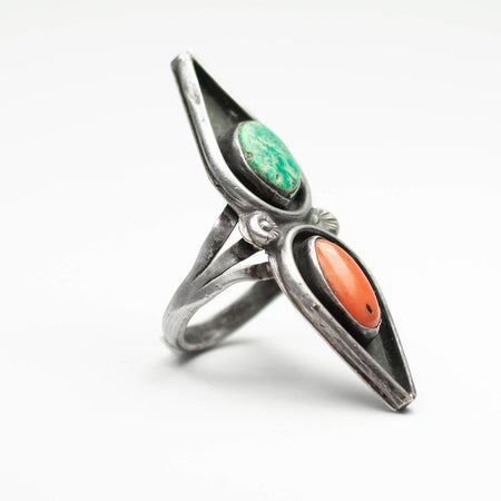 Navajo 925 Silver Overlay Vintage Turquoise & Coral Ring