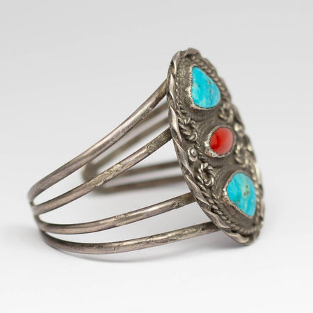 Navajo 925 Silver Overlay Vintage Multi Stone Turquoise & Coral Bracelet